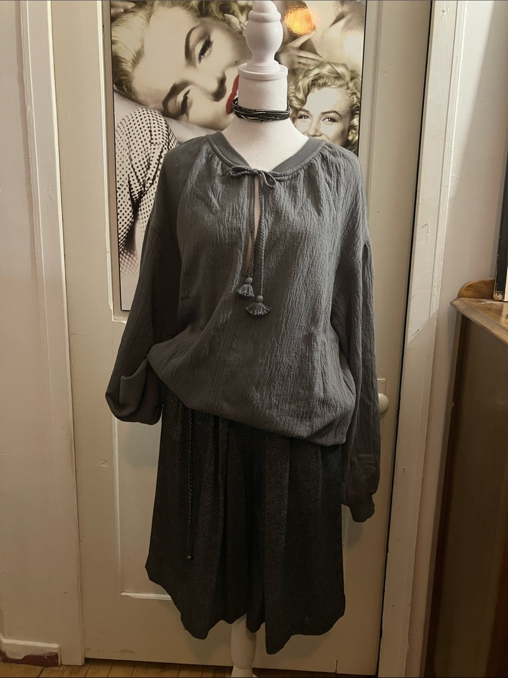 aerie Charcoal Gray Tassel Tie Long-Sleeve Tunic